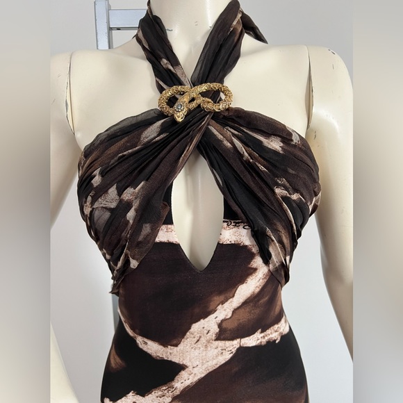 Roberto Cavalli Silk Animal Print Halter Gown with Snake Brooch – Size XS - Picture 3 of 17
